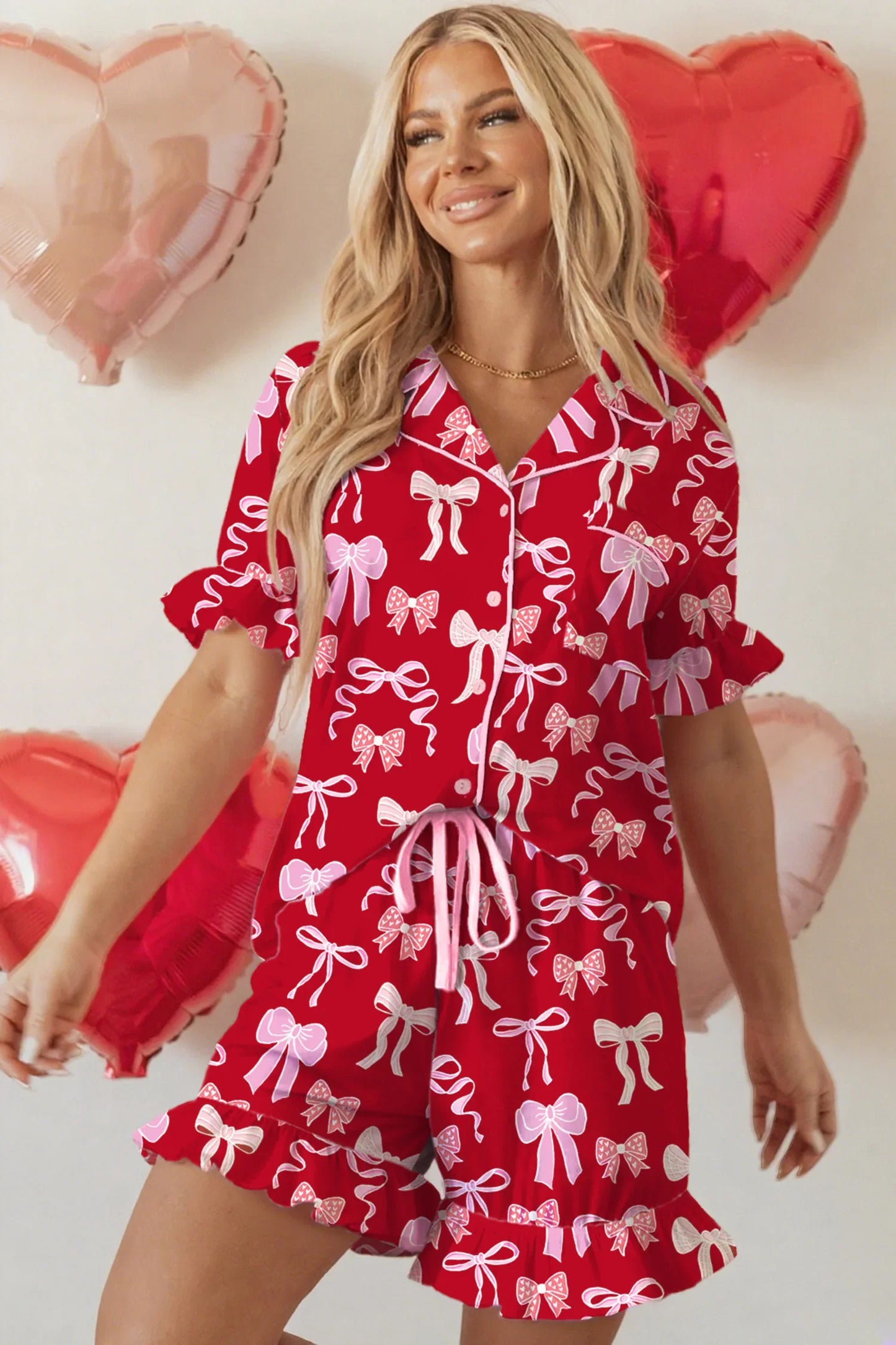 Red Sweet Bow Pajamas Ruffled Shirt Shorts Set