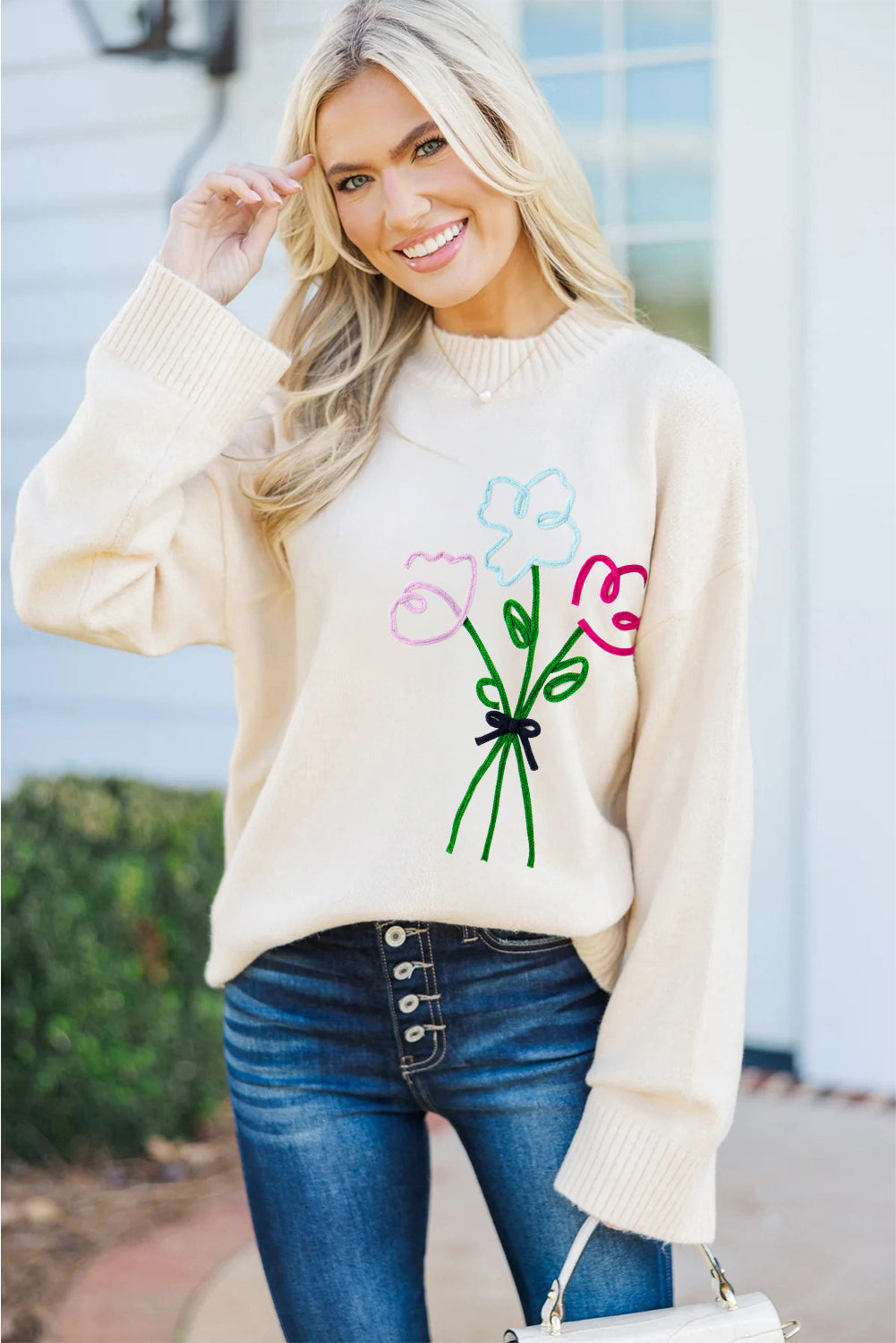 White Embroidered Flower Bouquet Loose Sweater