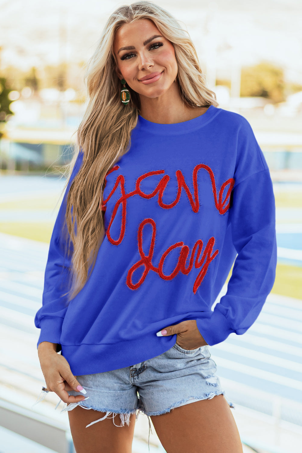 White Tinsel Game Day Drop Shoulder Sweatshirt