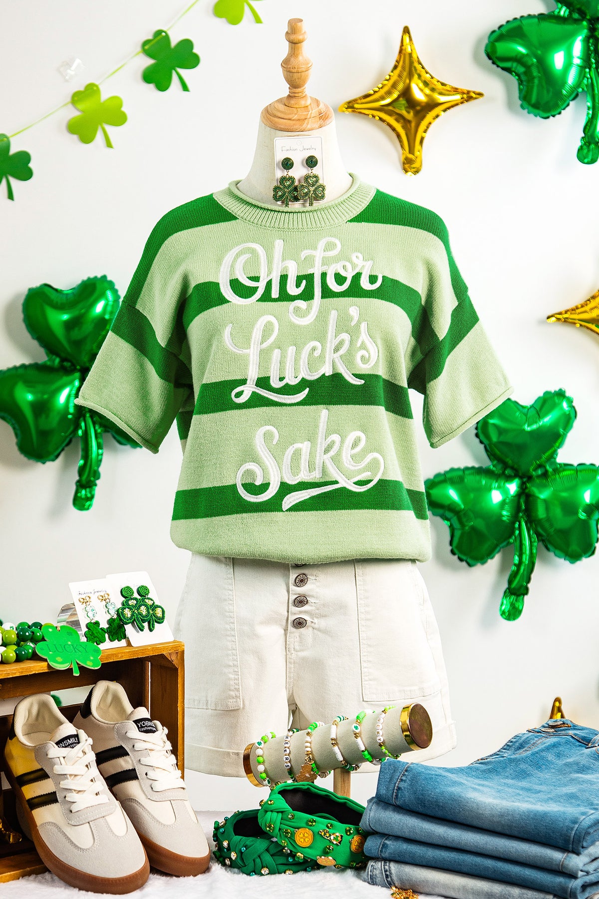 Green Stripe Oh For Luck's Sake St. Patrick's Day Short Sleeve Sweater