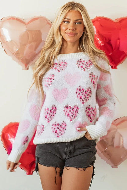 Heart Sweater – Pink Leopard Heart Fuzzy Pearled Knit