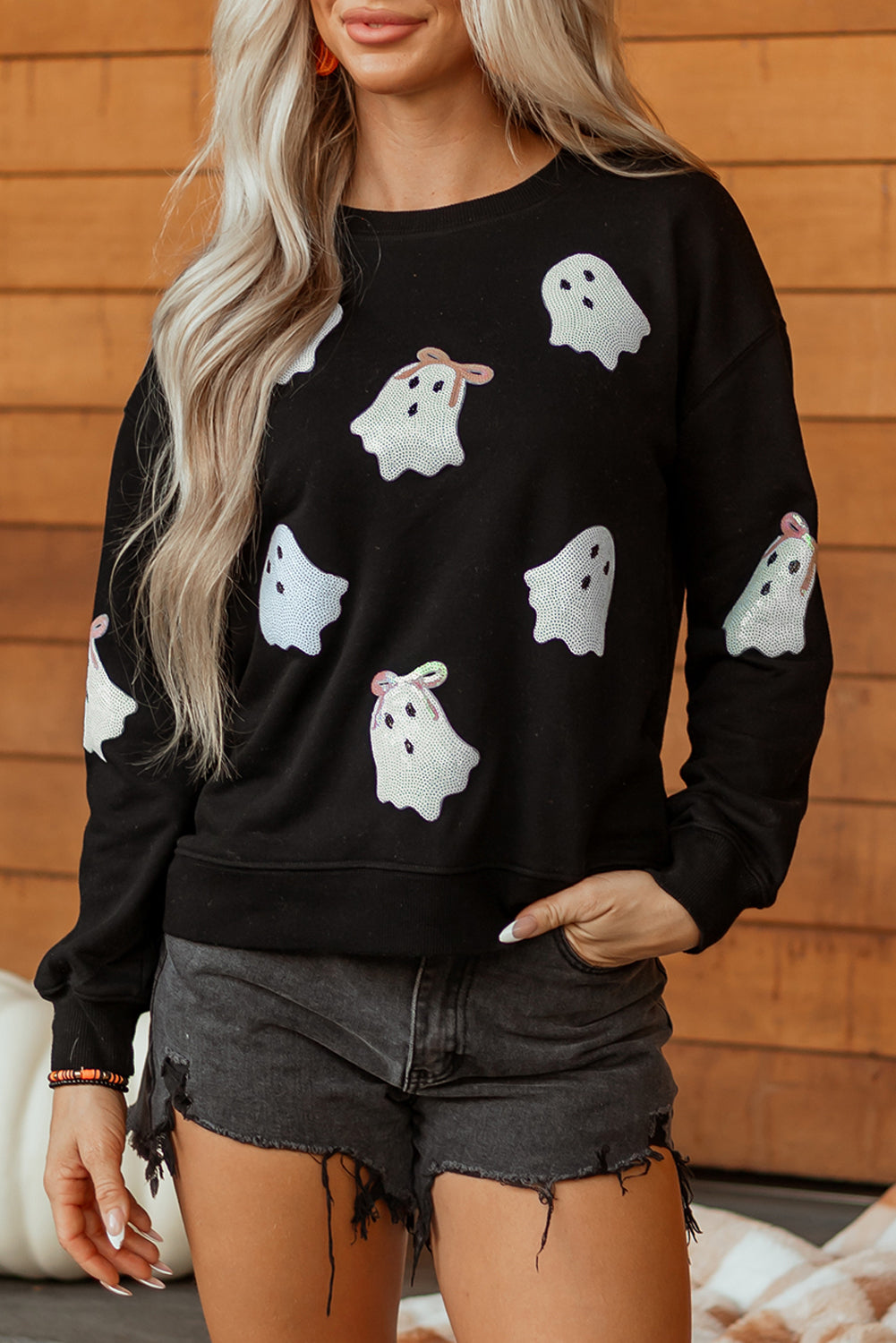 Bow Ghost Halloween Sweatshirt | Black Sequin Pullover
