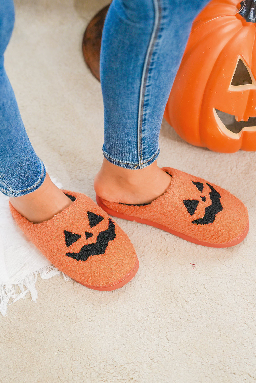 Orange Halloween Pumpkin Face Plush Slippers