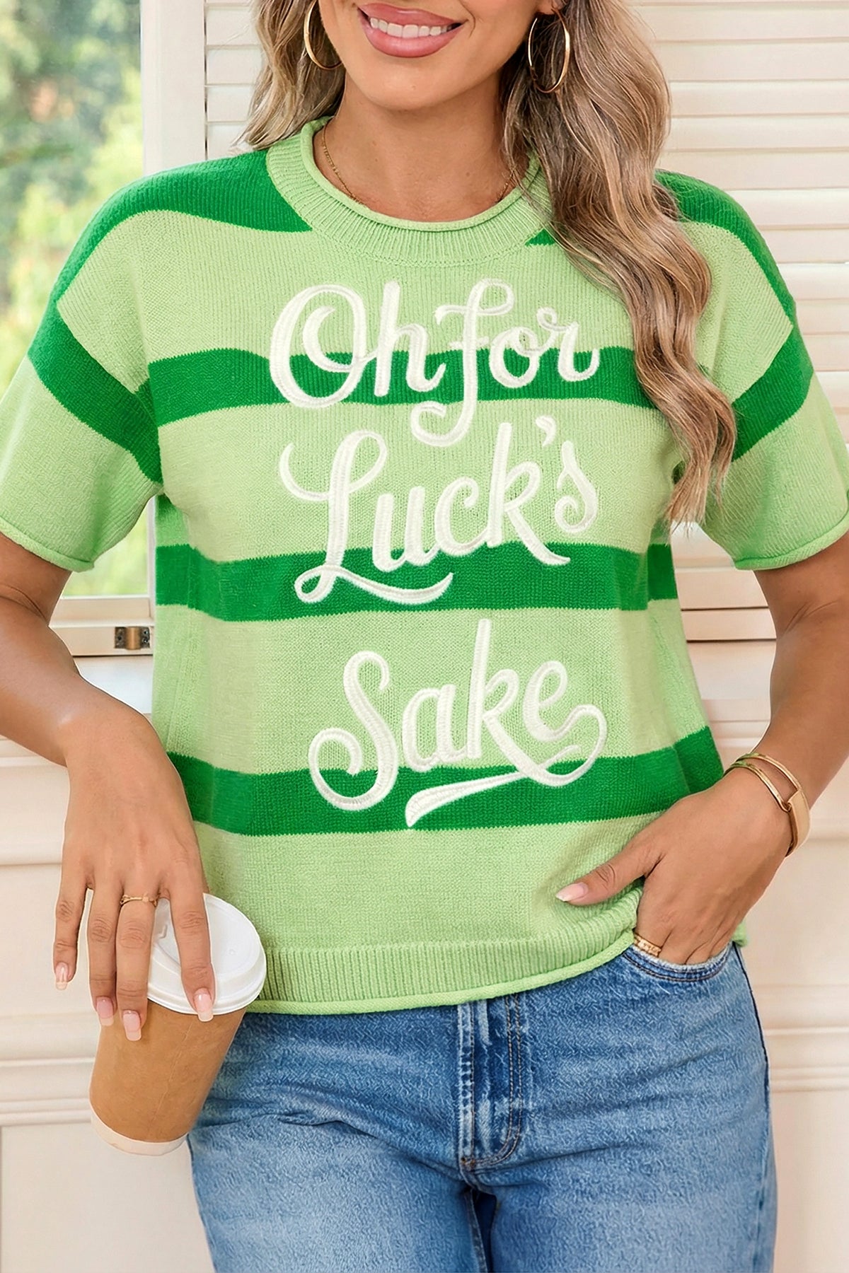 Green Stripe Oh For Luck's Sake St. Patrick's Day Short Sleeve Sweater