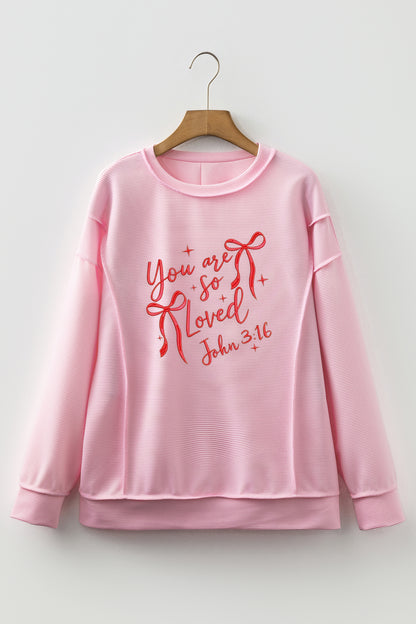 Pink You Are So Loved Valentine's Day Bow Embroidered Pullover Top