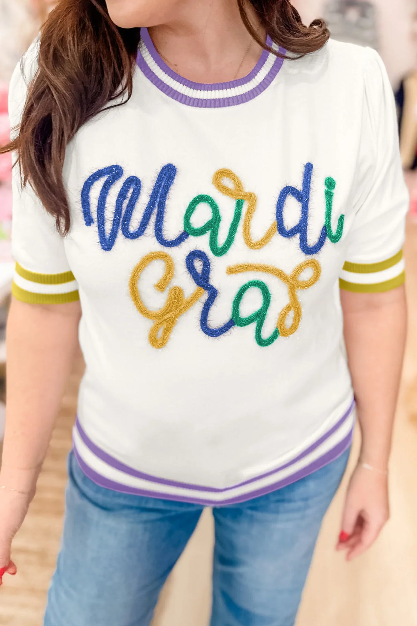 Mardi Gras Sweater | Tinsel Letter Short Sleeve Sweater
