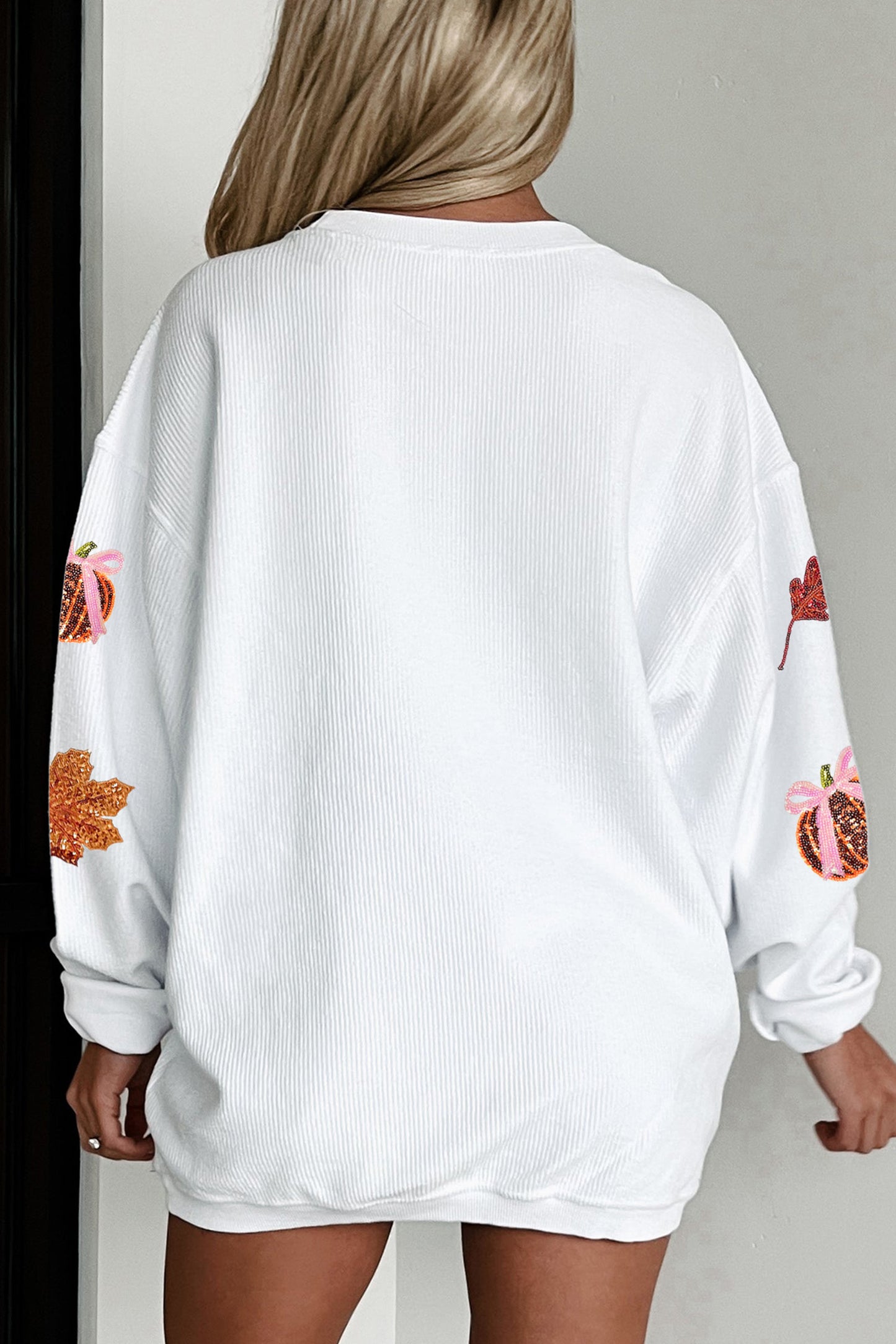 White Sequin Pumpkin Leaf Corded Oversized Sweatshirt
