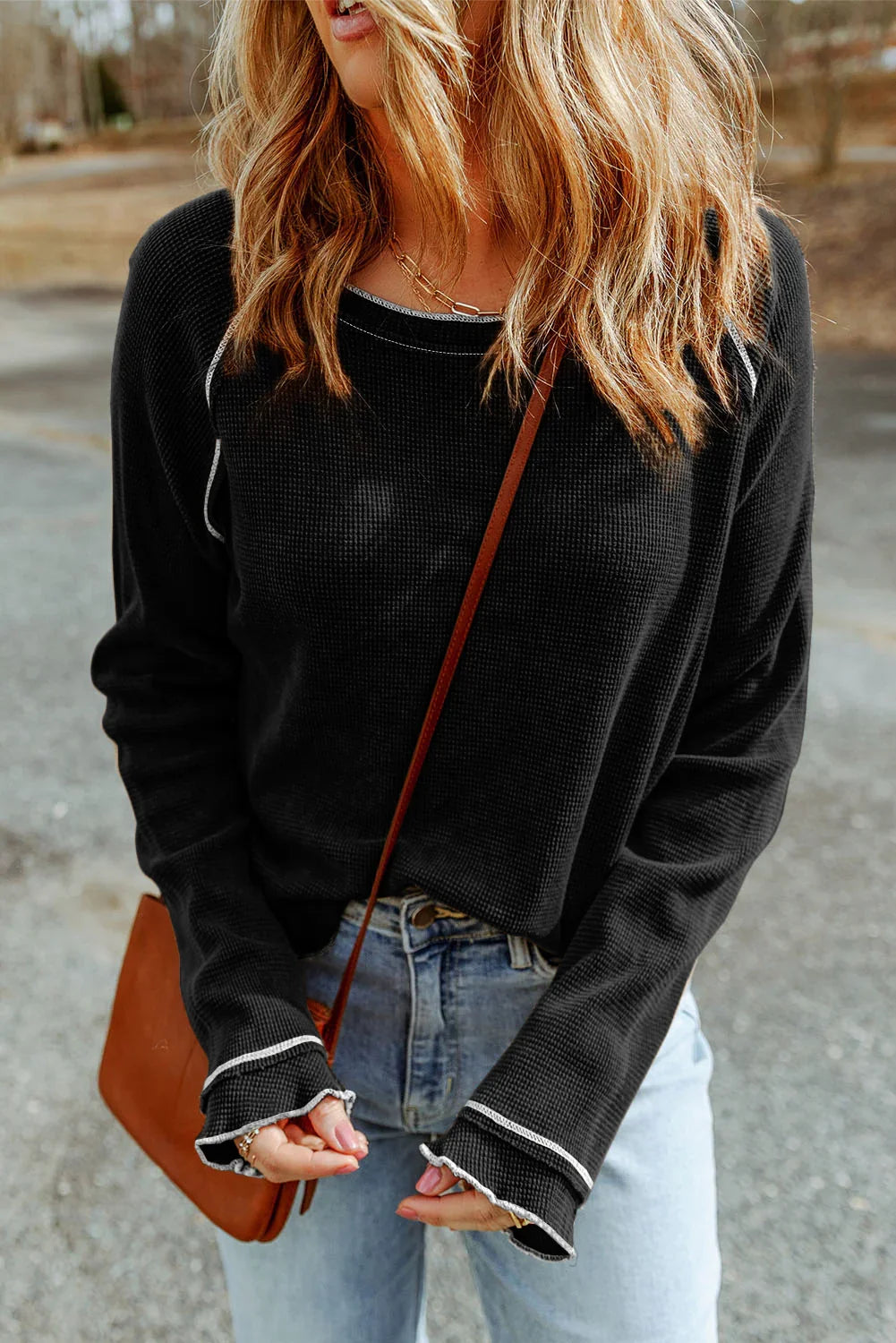 Blue Textured Round Neck Long Sleeve Top