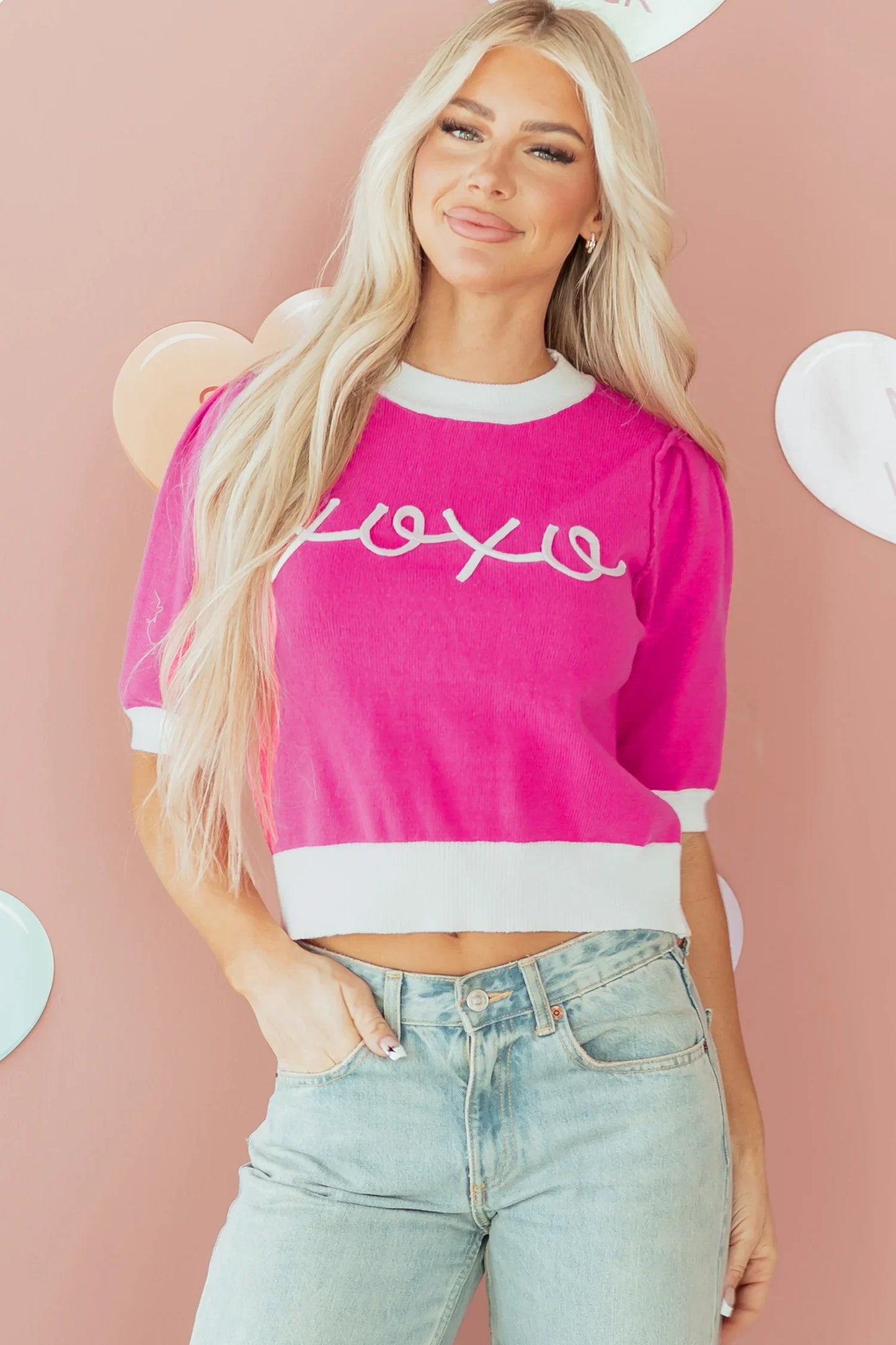 XOXO Sweater – Bright Pink Embroidered Valentine’s Sweater