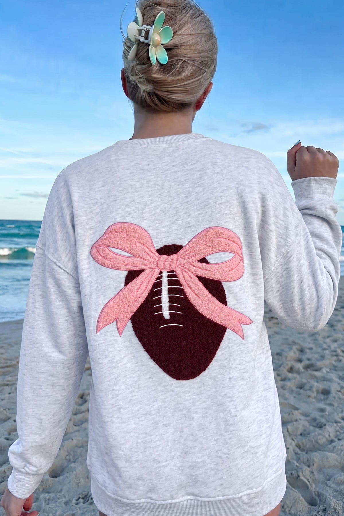 Football Bow Sweatshirt | Light Grey Embroidered Game Day Top