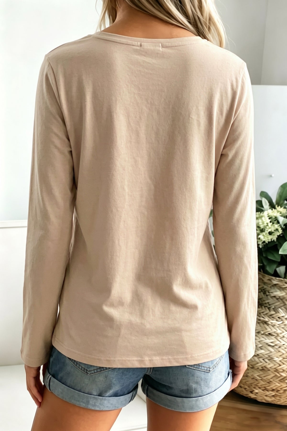 Pale Khaki Patchwork Top | Casual Long Sleeve Shirt