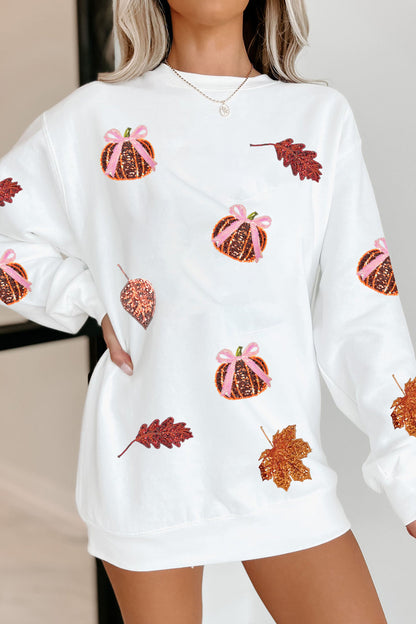 White Sequin Pumpkin Leaf Corded Oversized Sweatshirt