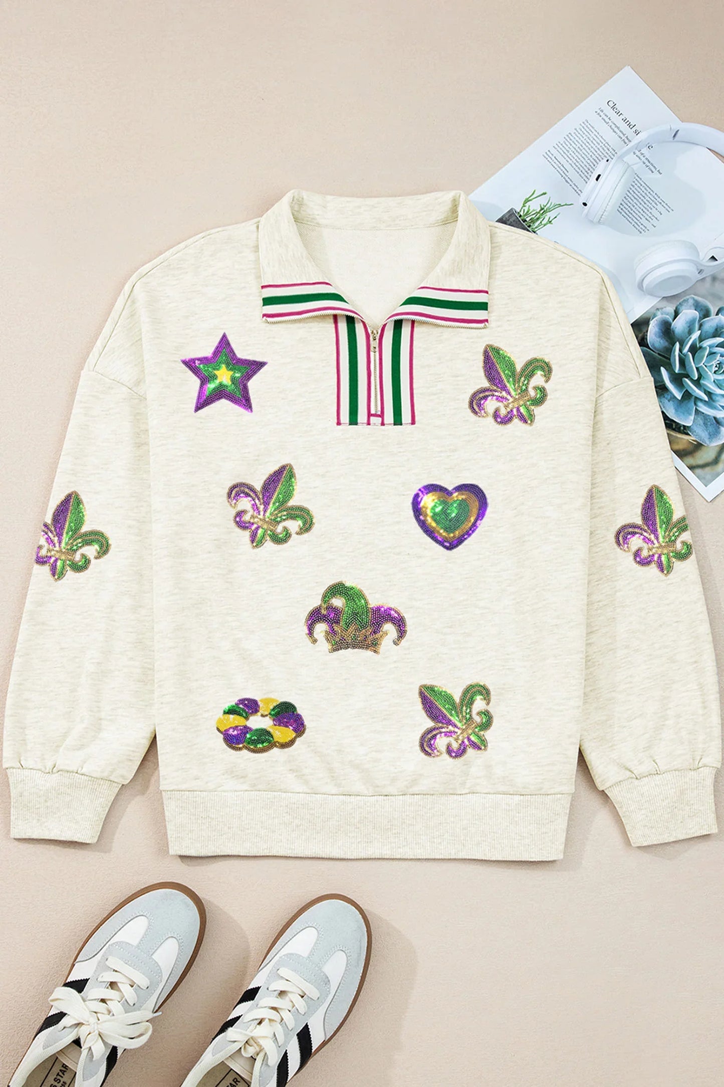 Sequin Mardi Gras Sweatshirt | Zip Pullover