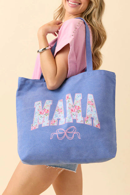 Blue Floral Mama Bow Canvas Tote Bag