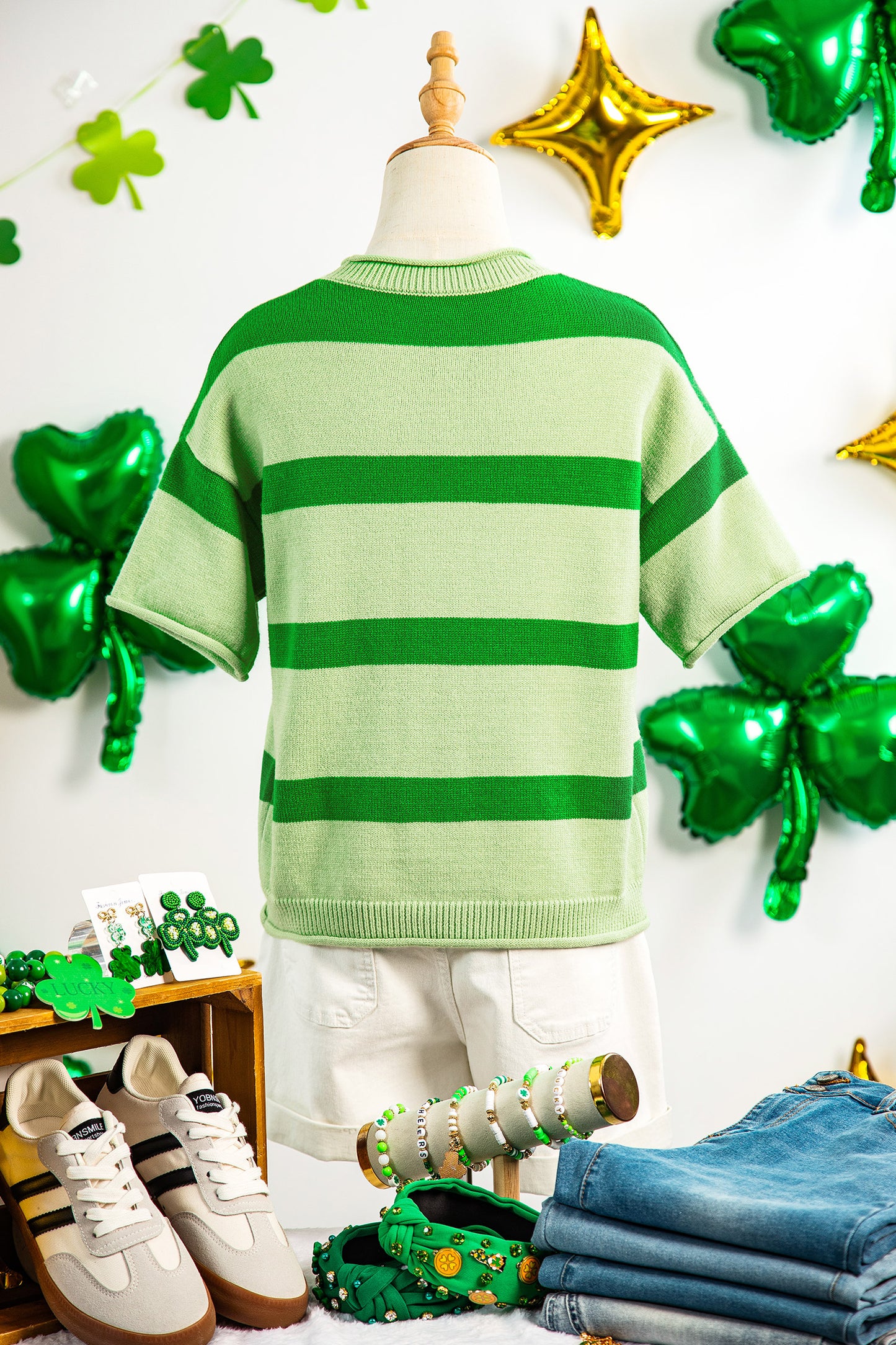 Green Stripe Oh For Luck's Sake St. Patrick's Day Short Sleeve Sweater