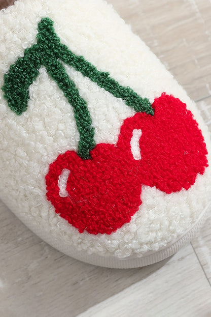 White Cherry Pattern Winter Plush Slippers