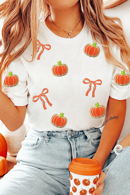 White Sequin Chenille Pumpkin Bow T-Shirt