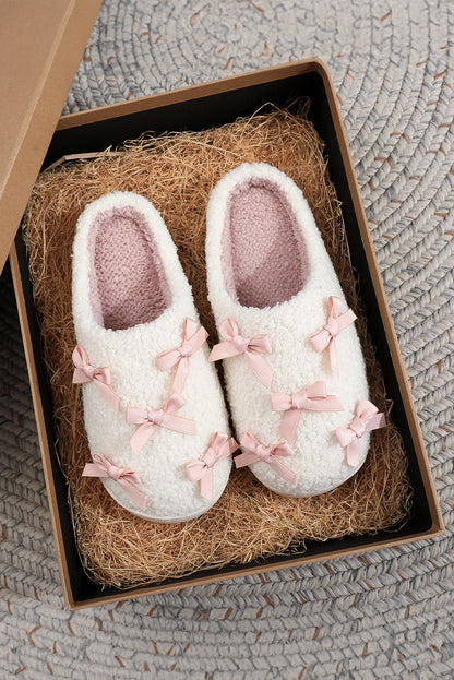 White Ribbed Bow Plush House Slippers