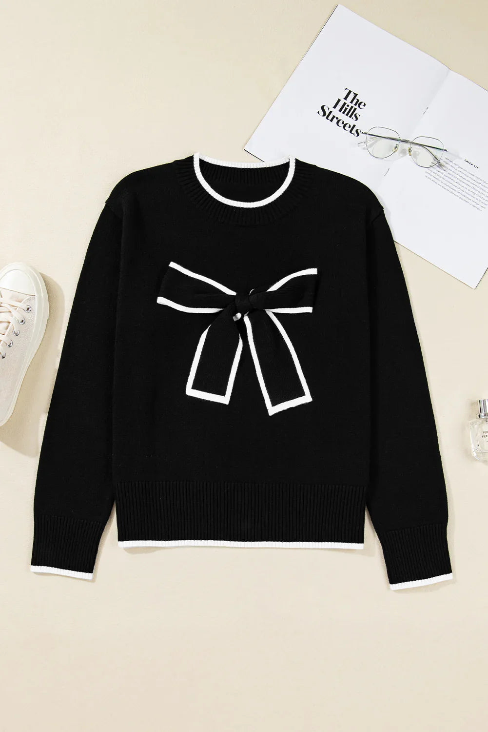 Black Contrast Bow Cropped Sweater
