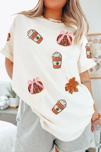White Sequined Pumpkin Fall Graphic T-Shirt