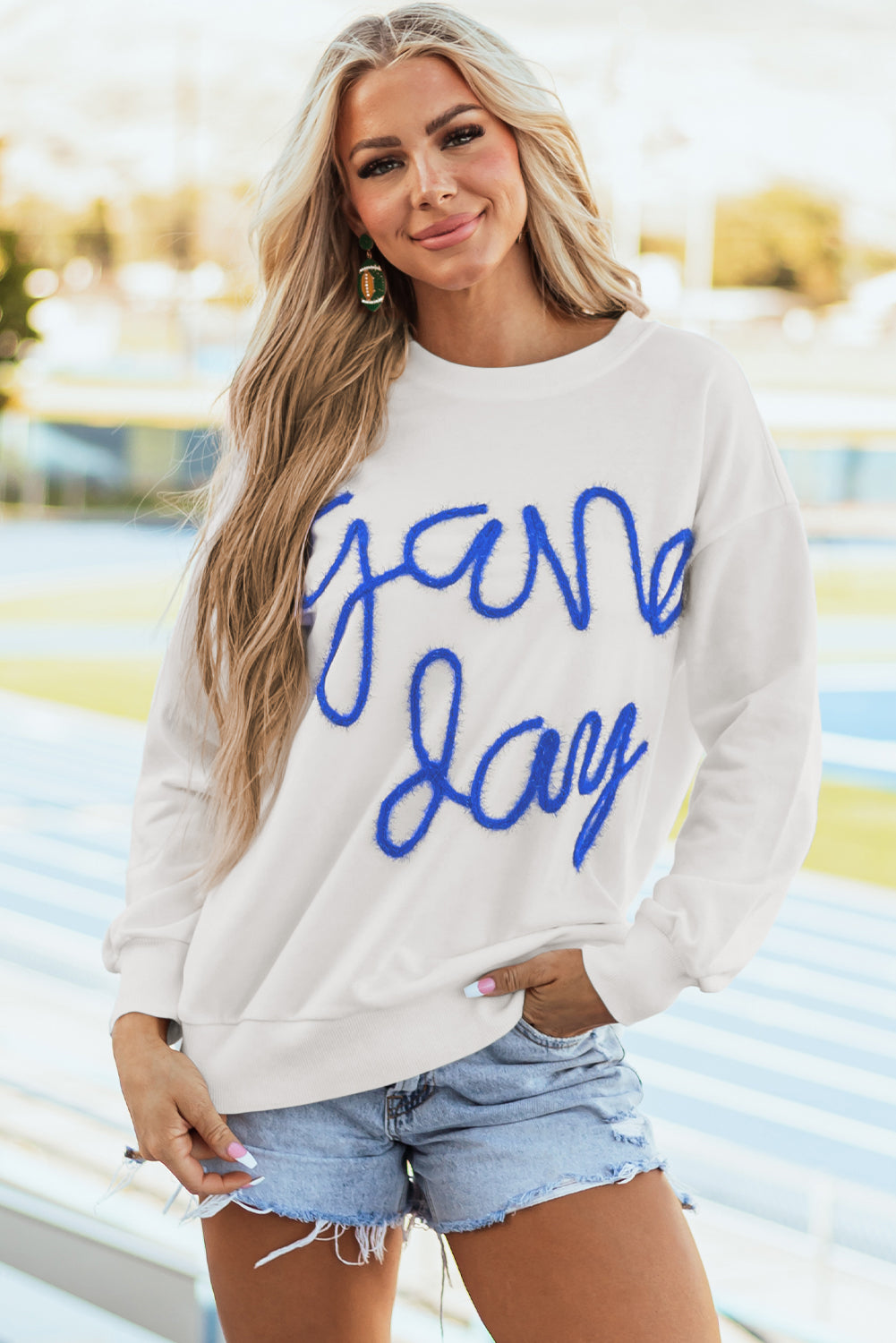 White Tinsel Game Day Drop Shoulder Sweatshirt