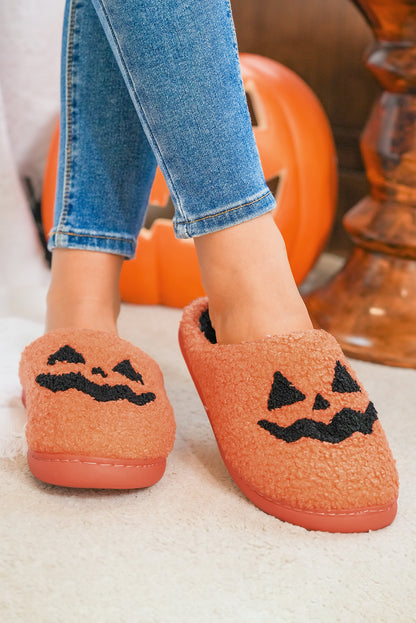 Orange Halloween Pumpkin Face Plush Slippers
