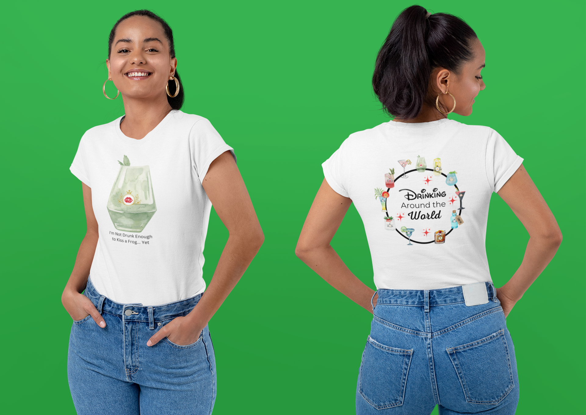 A woman modeling a white graphic T-shirt shown from both front and back against a solid green background. The front features a cocktail represening Tiana with text "I’m Not Drunk Enough to Kiss a Frog Yet", and the back has a colorful circular graphic of multiple cocktails reprenting Epcots 11 countries with the words 'Drinking Around the World.