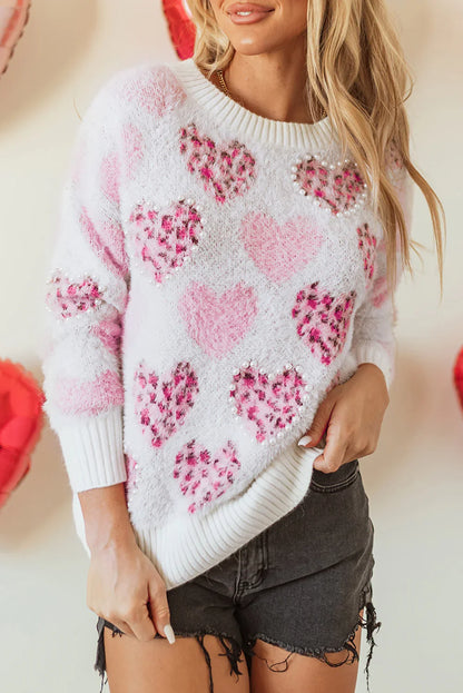 Heart Sweater – Pink Leopard Heart Fuzzy Pearled Knit