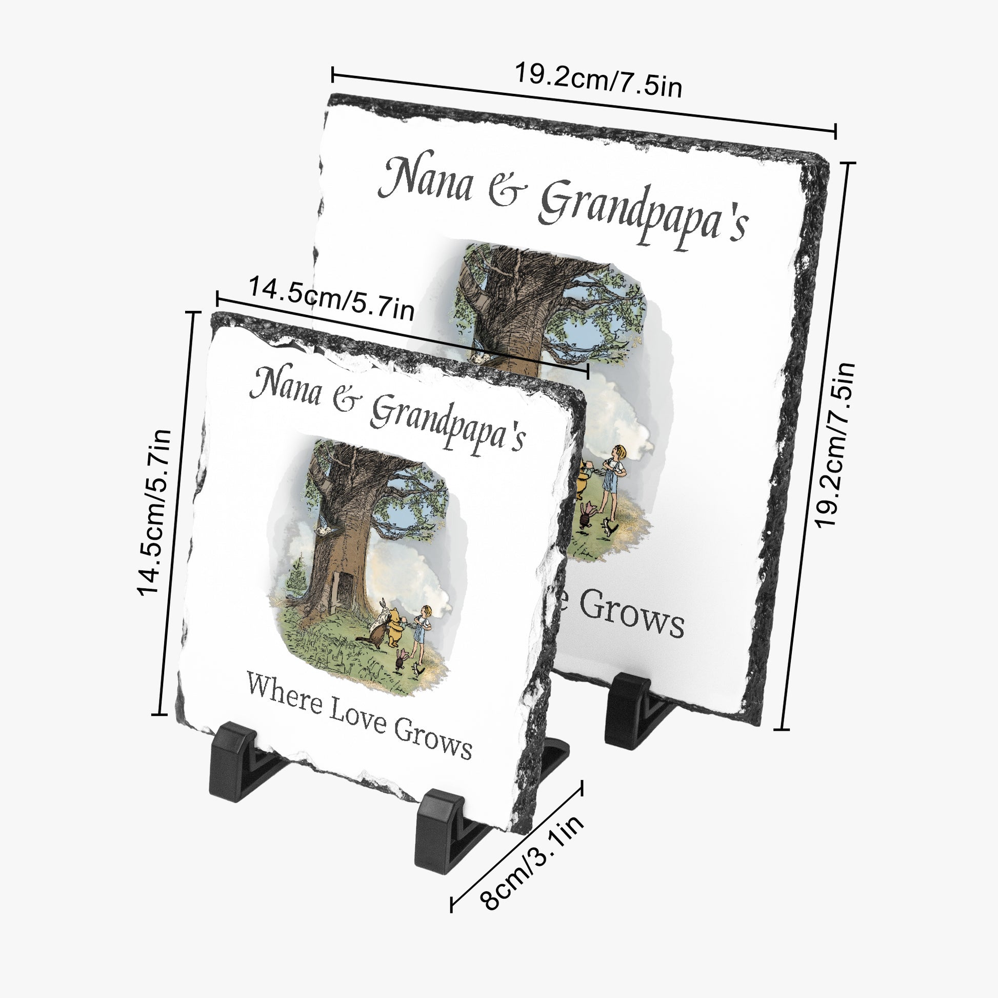 Nana & Granpapa's Where Love Grows Classic Pooh Slate Sign showing two sign size variants 5.7" x 5.7" or 7.5" x 7.5"