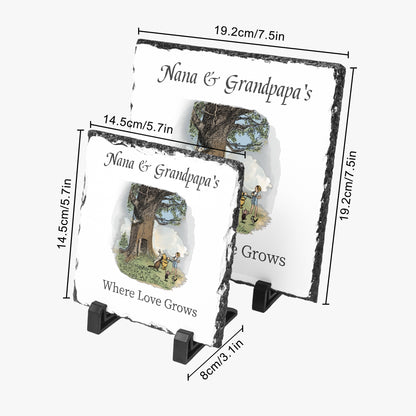 Nana & Granpapa's Where Love Grows Classic Pooh Slate Sign showing two sign size variants 5.7" x 5.7" or 7.5" x 7.5"