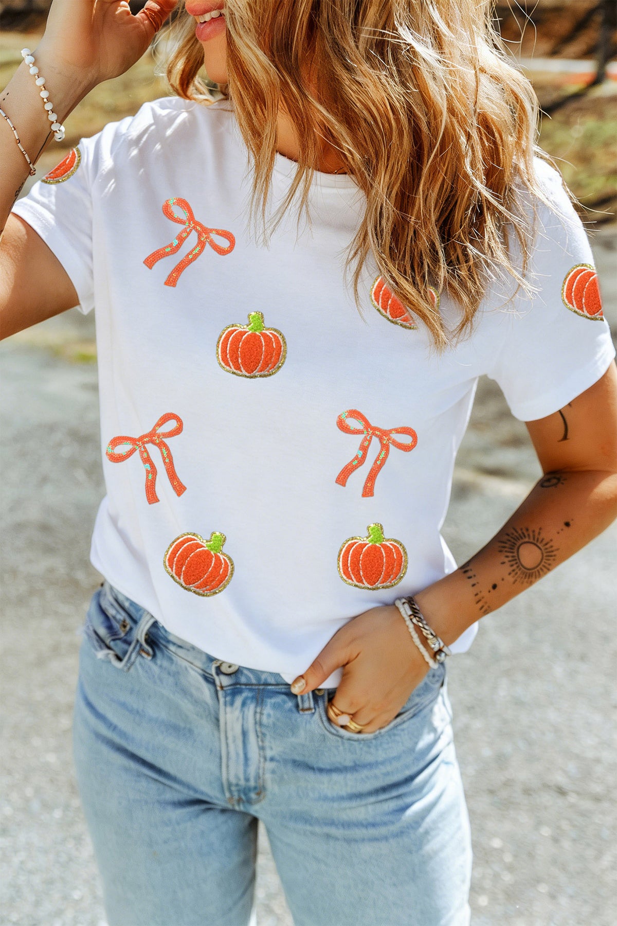 White Sequin Chenille Pumpkin Bow T-Shirt