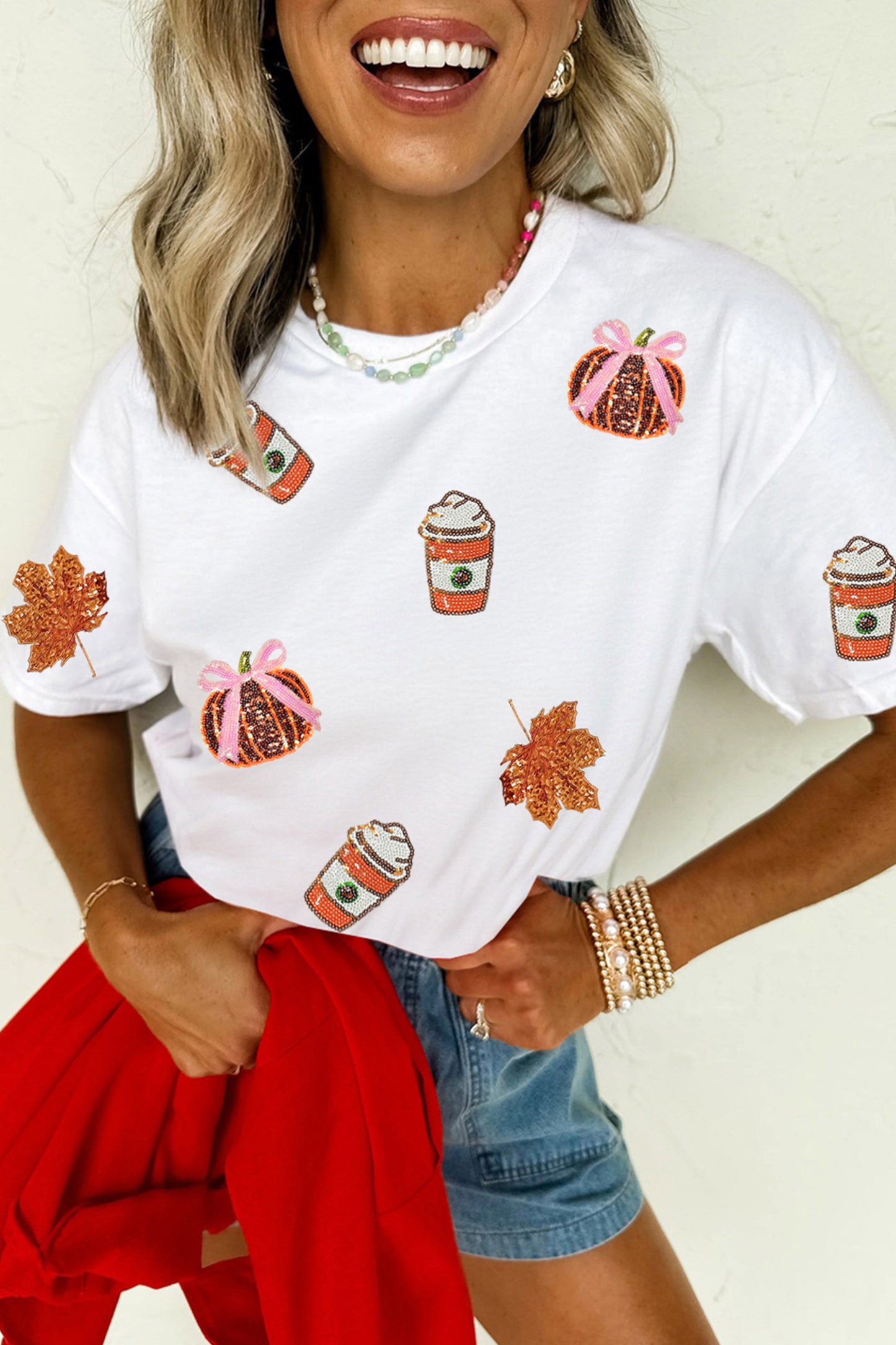 White Sequined Pumpkin Fall Graphic T-Shirt