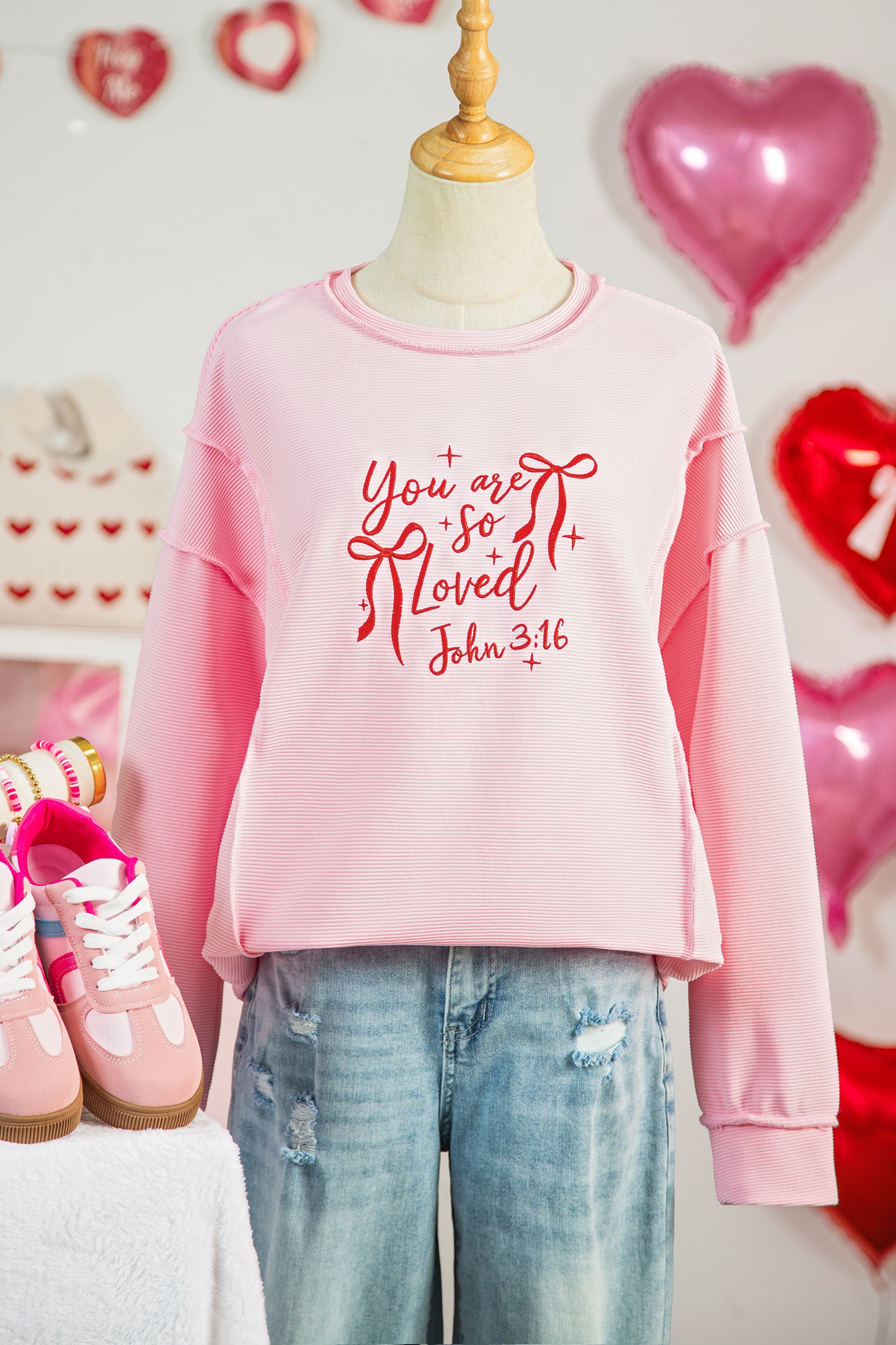 Pink You Are So Loved Valentine's Day Bow Embroidered Pullover Top