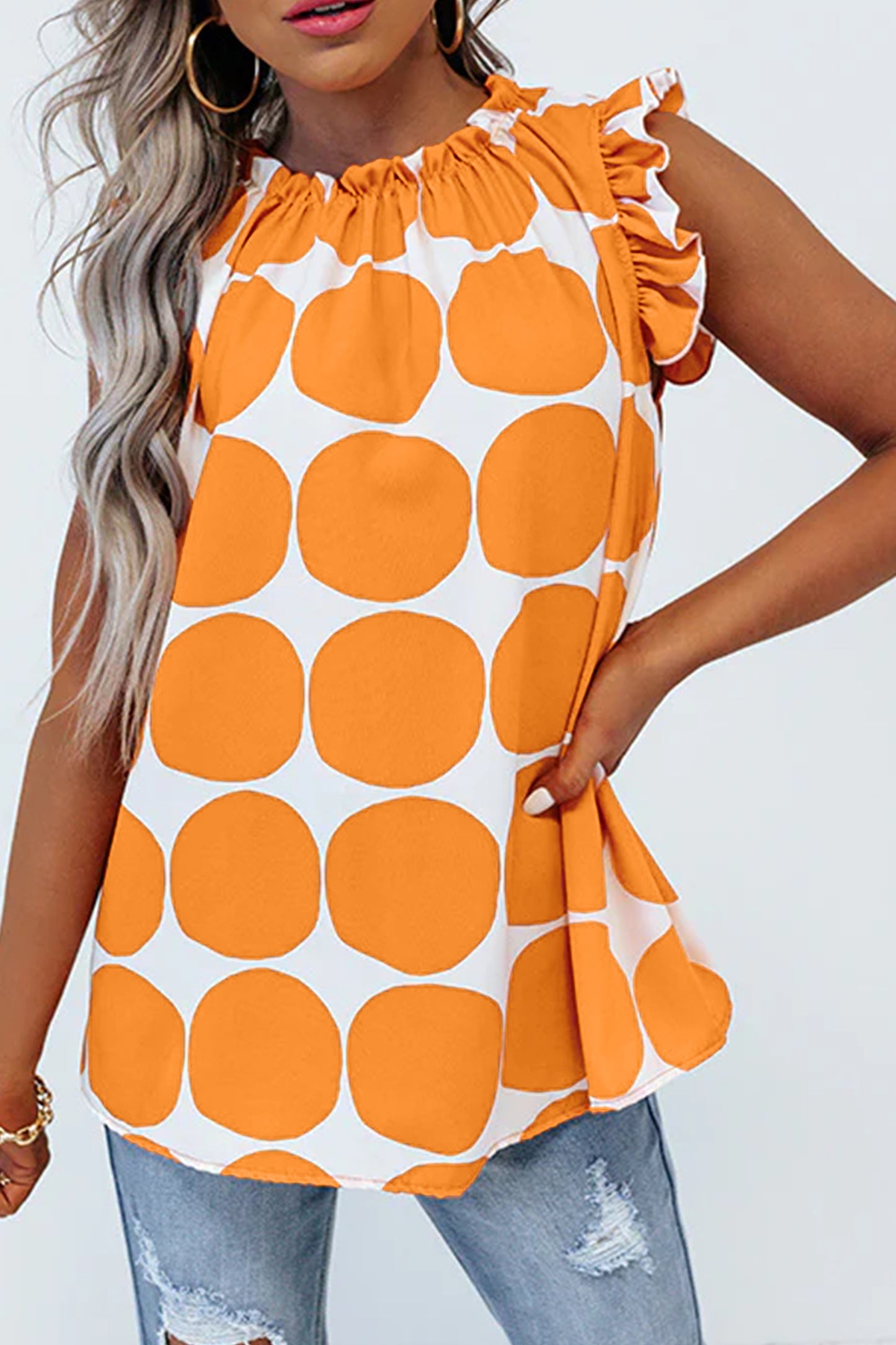 Blue Polka Dot Frilled Round Neck Tank Top