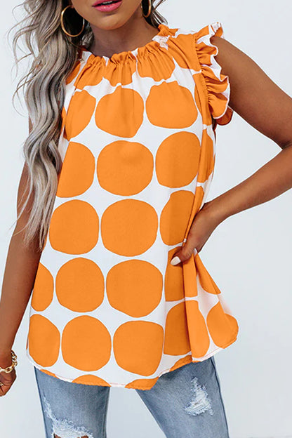 Blue Polka Dot Frilled Round Neck Tank Top