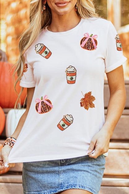 White Sequined Pumpkin Fall Graphic T-Shirt