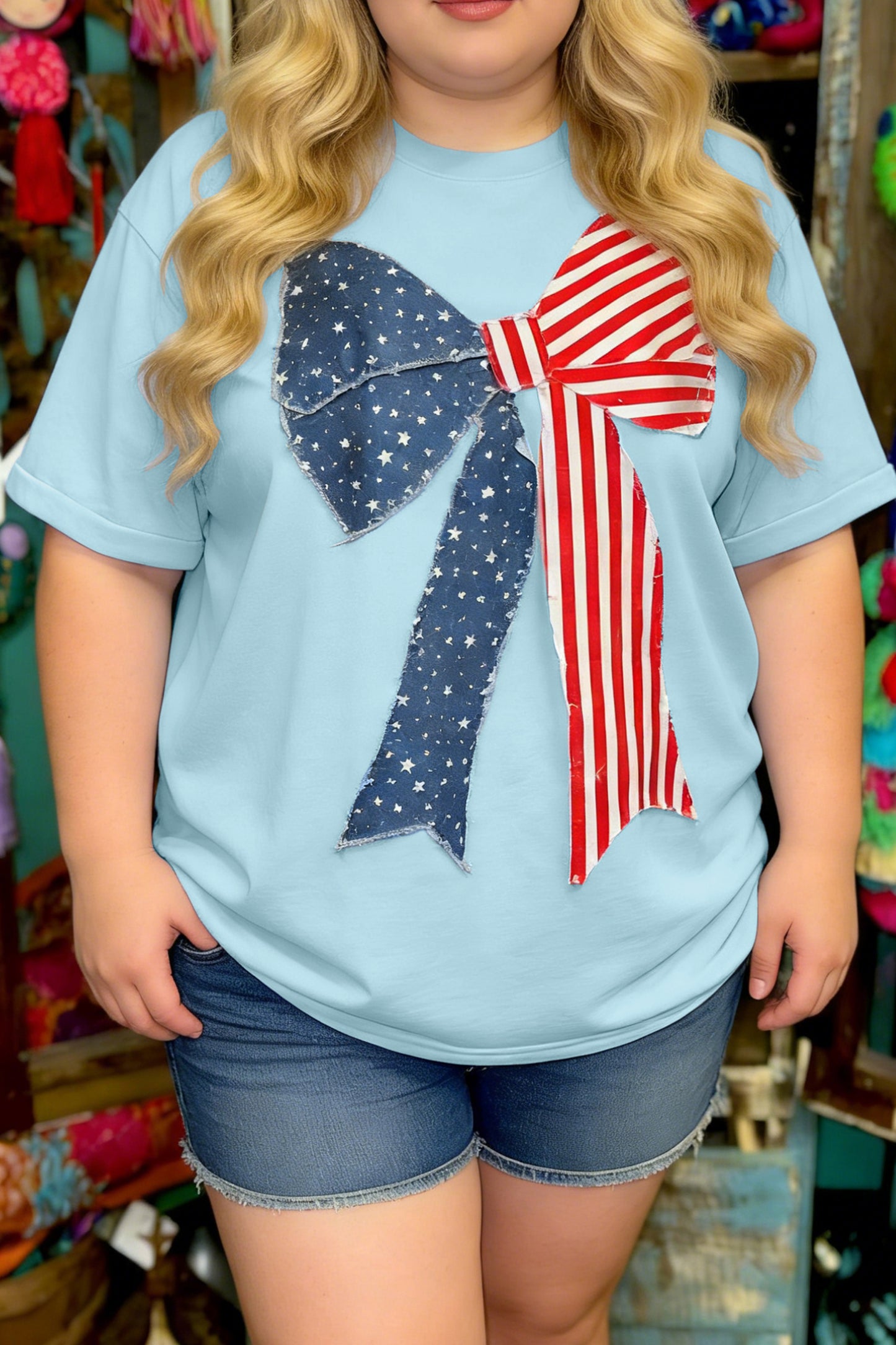 Beau Blue Plus Size Patriotic Bow Graphic T-Shirt