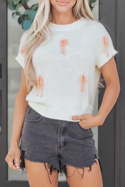 Short Sleeve Knit Applique Bow Sweater