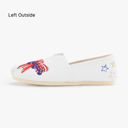 White shoes with red, white, and blue America text and red and white strip bow designs - left outside