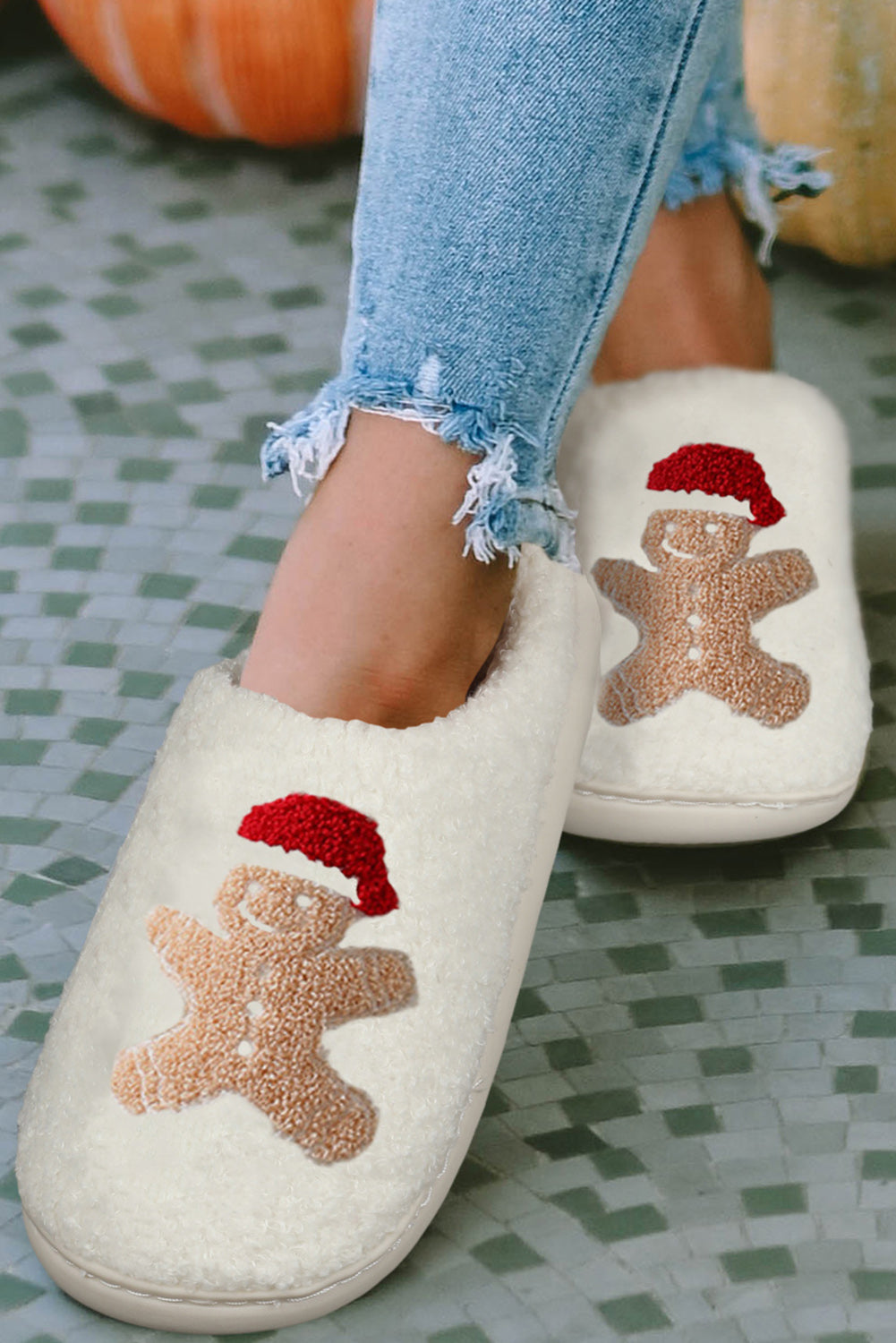 Gingerbread Christmas Slippers | White Plush House Shoes