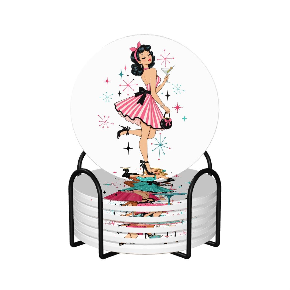 A stack of white round plates displayed on a black metal stand, featuring a colorful retro pin-up illustration of a woman in a pink skirt and black bow on the top plate.