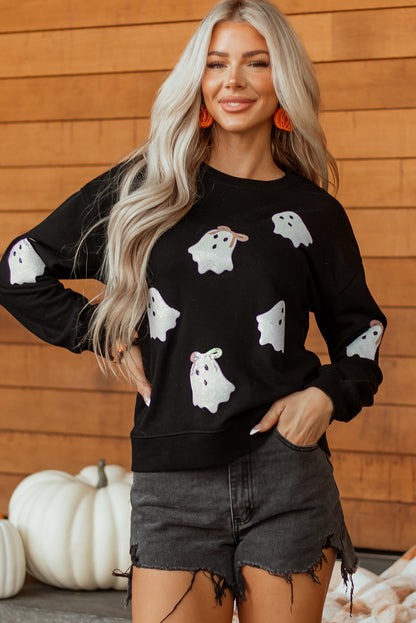 Bow Ghost Halloween Sweatshirt | Black Sequin Pullover
