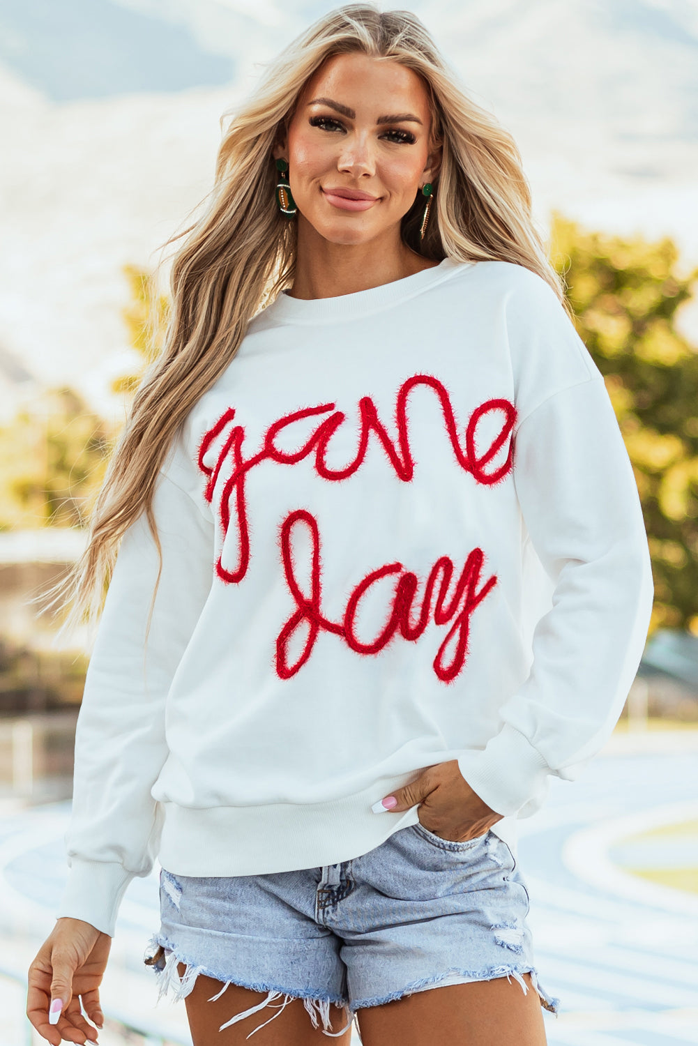 White Tinsel Game Day Drop Shoulder Sweatshirt