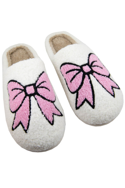 Bow Fuzzy Slippers | White Winter House Shoes