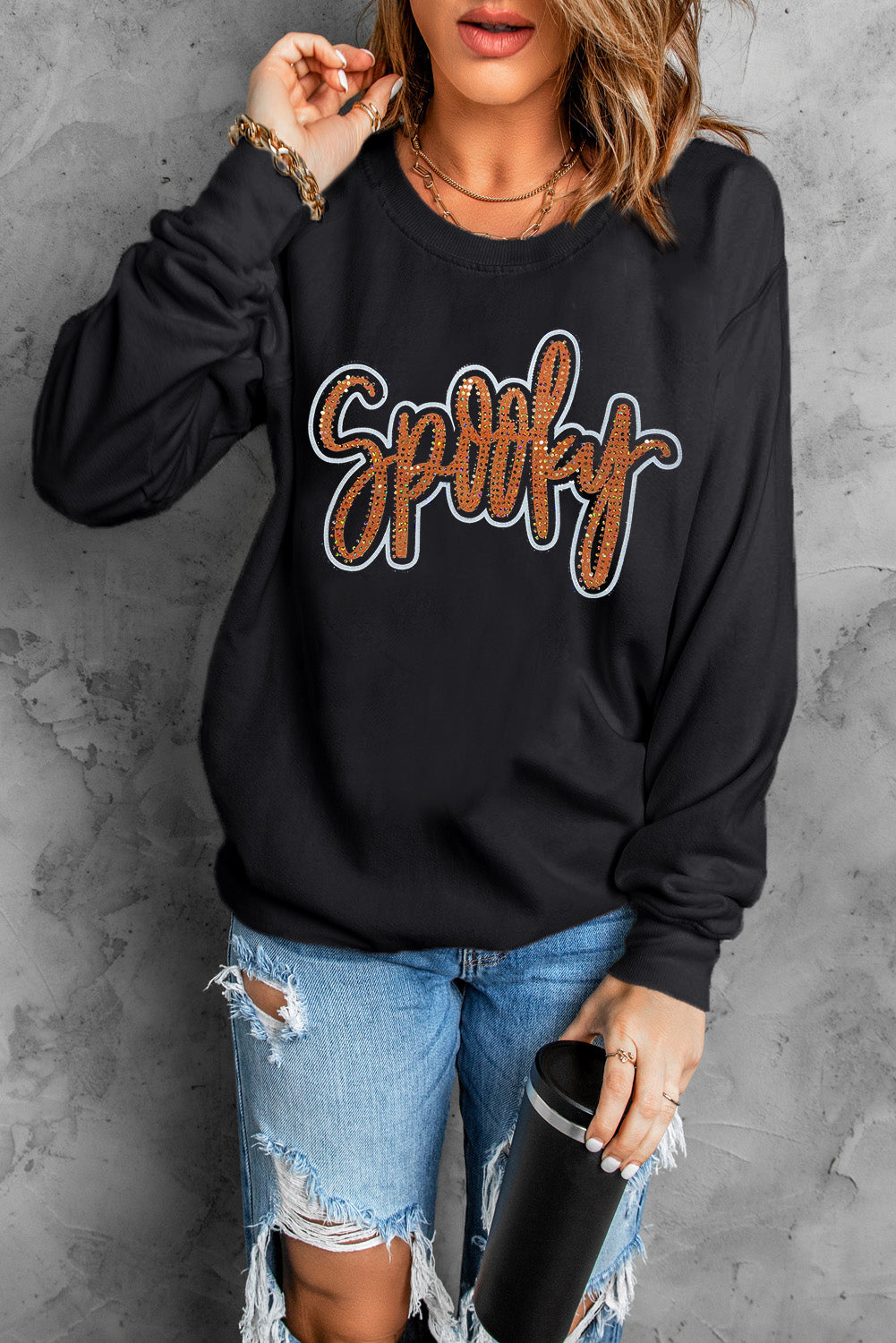 Spooky Rhinestone Halloween Sweatshirt | Black Pullover