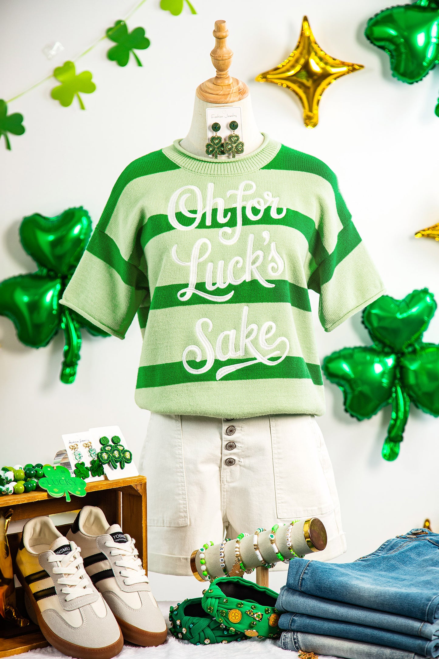 Green Stripe Oh For Luck's Sake St. Patrick's Day Short Sleeve Sweater