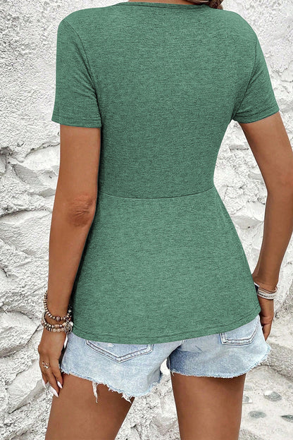 Green Bay Twist Knot V-Neck Short Sleeve Blouse