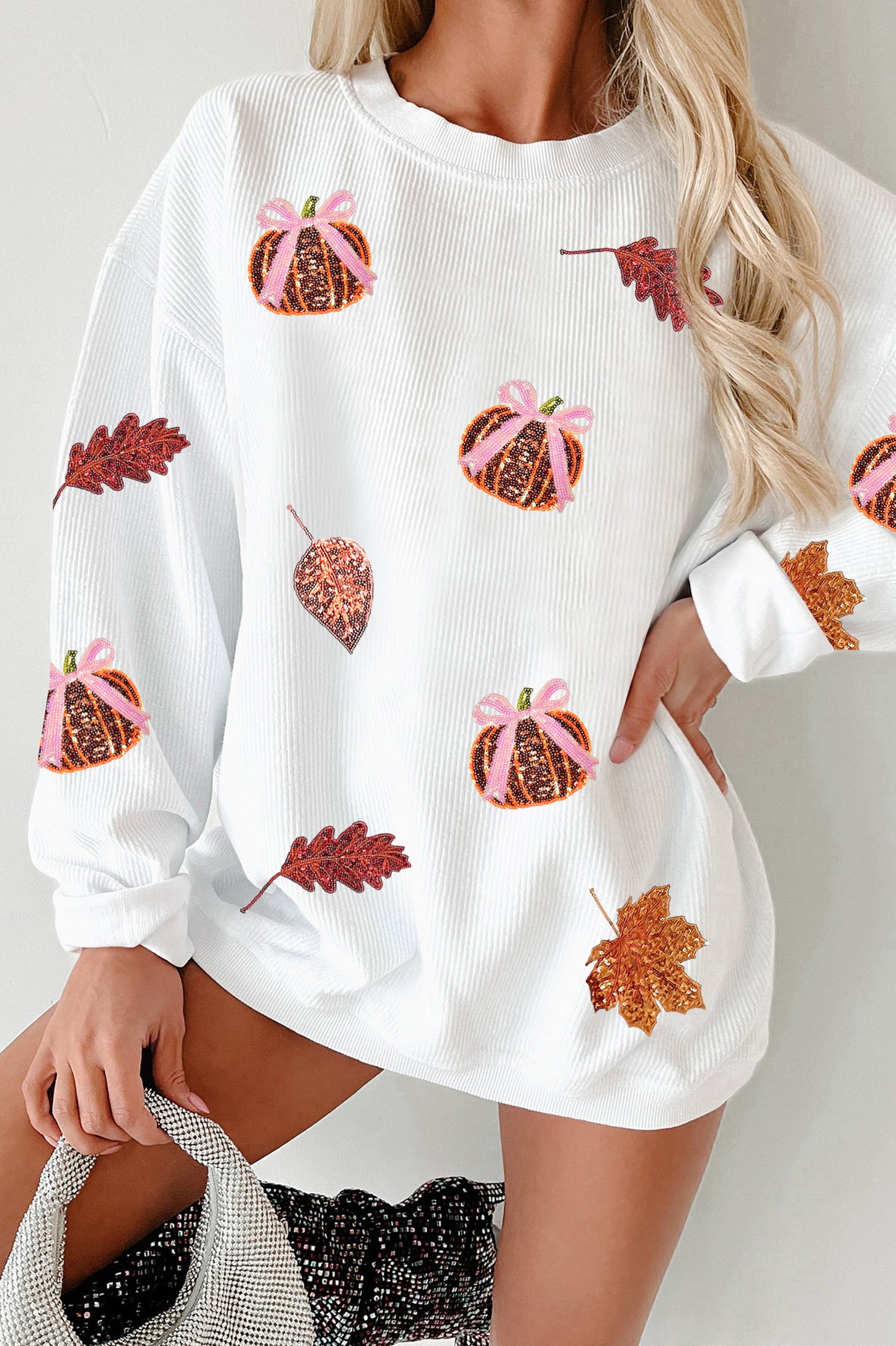 White Sequin Pumpkin Leaf Corded Oversized Sweatshirt
