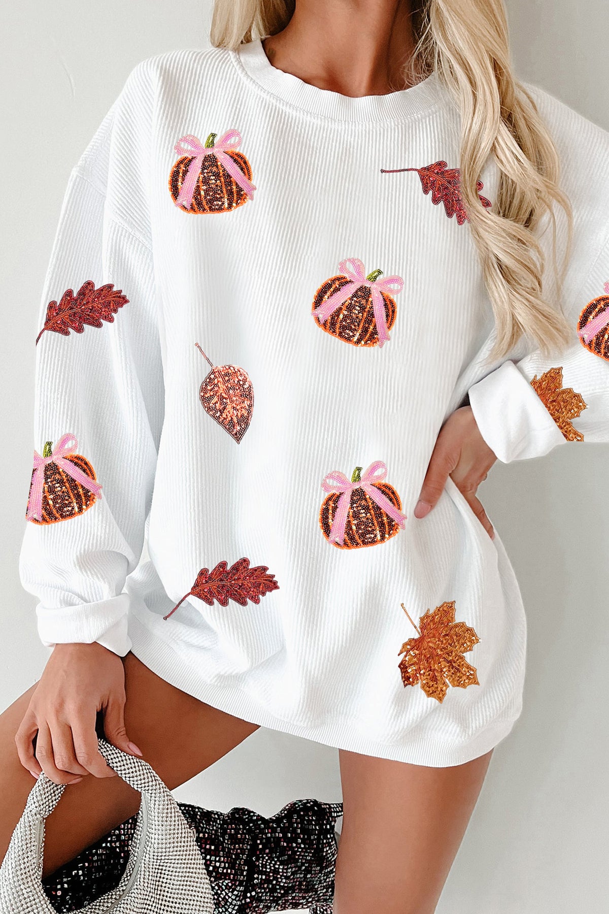 White Sequin Pumpkin Leaf Corded Oversized Sweatshirt