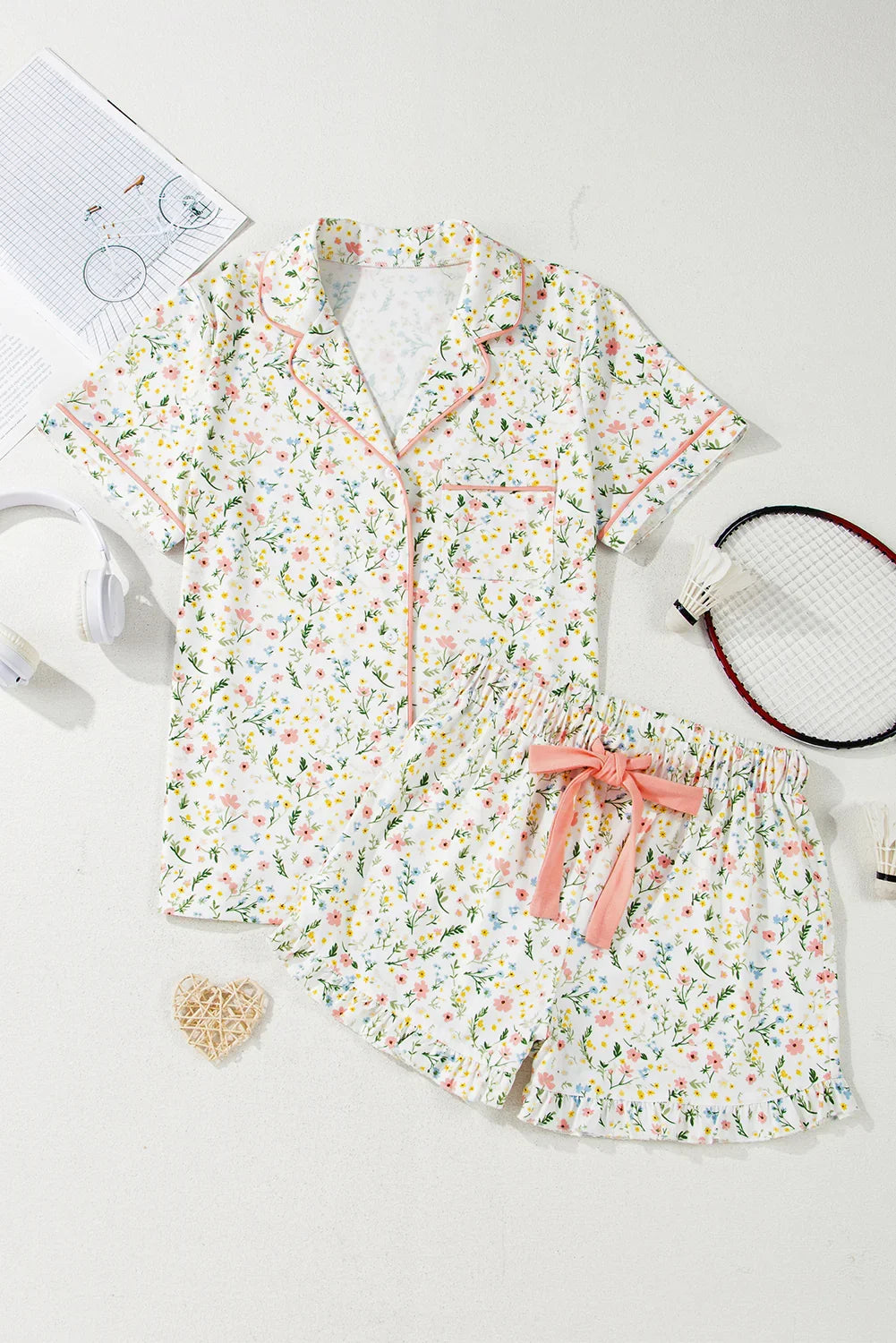 Contrast Piping Cute Pajamas | Cherries, Polka Dot, White Floral, Pink Floral